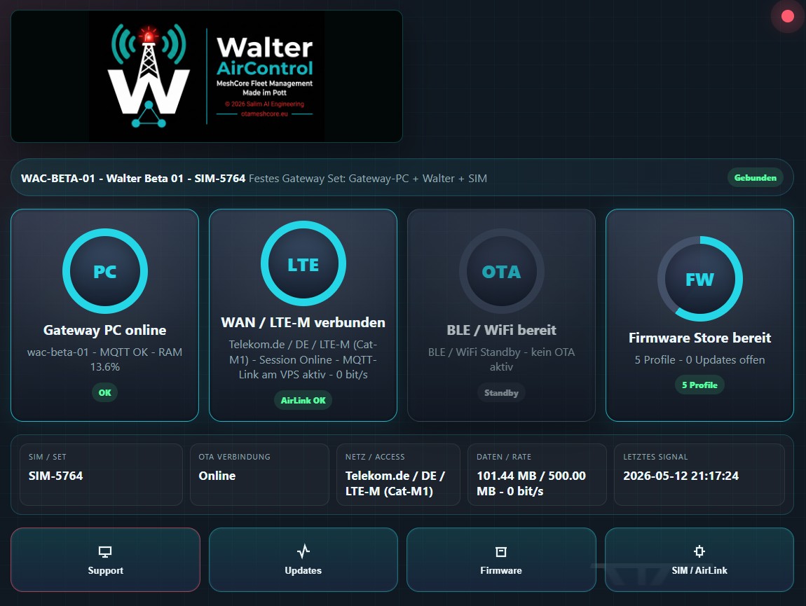 Walter AirControl Dashboard mit LTE-M, OTA und Firmware Status